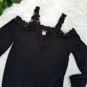 Venus Black Crochet Lace Trim Cold Shoulder Top s
